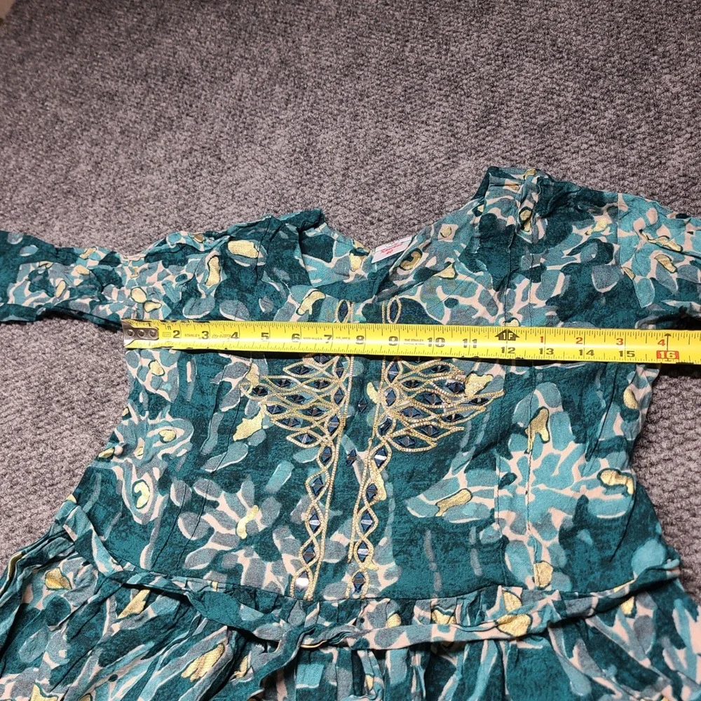 Kanchan Kids Teal Gold Foil Abstract Floral Embroidered Maxi Dress Size 40